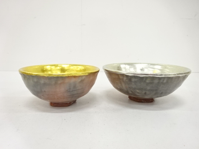 JAPANESE TEA CEREMONY / YASAKA WARE SHIMADAI TEA CHAWAN / SET OF 2 / RED RAKU